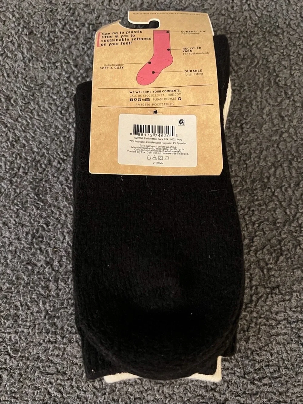 HUE Womens Fairisle Crew Boot Socks 2 Pair Pack Ivory Print & Black One Size $16